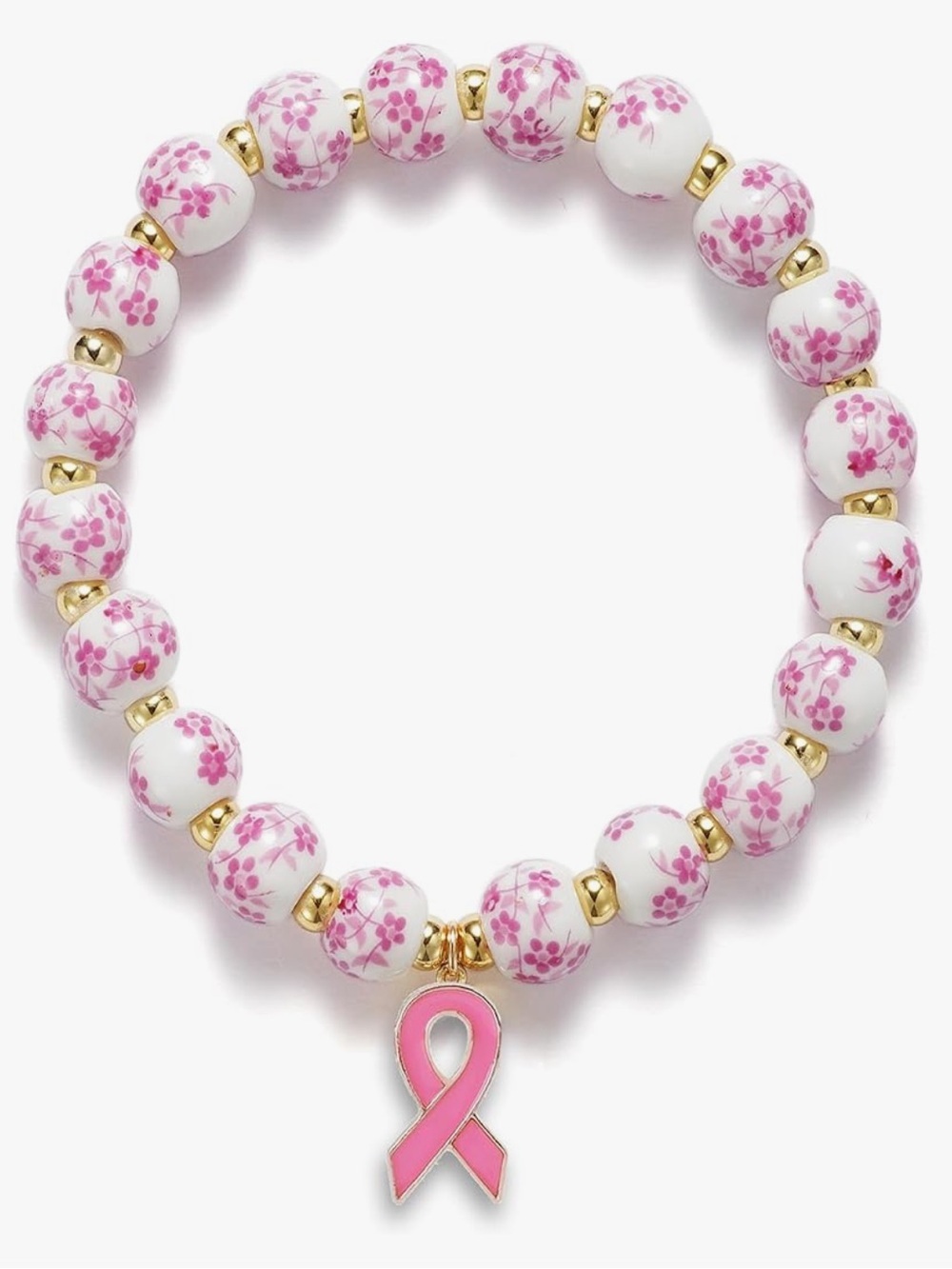 Anthropologie Pink Floral Bead Bracelet with Pink Ribbon Charm